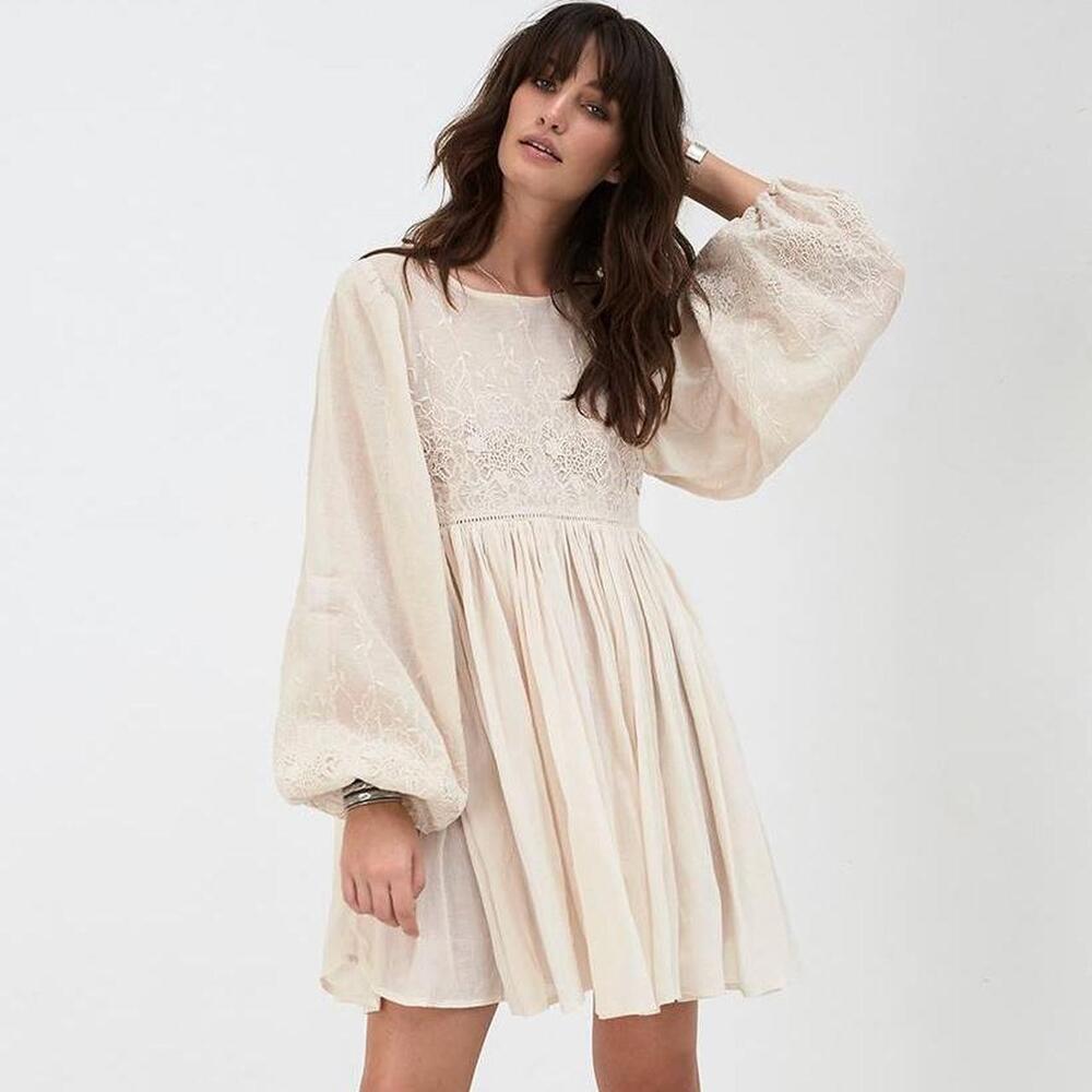 Spell & The Gypsy Collective Scorpio Lace Mesh Bell Sleeve Mini Dress Cream M